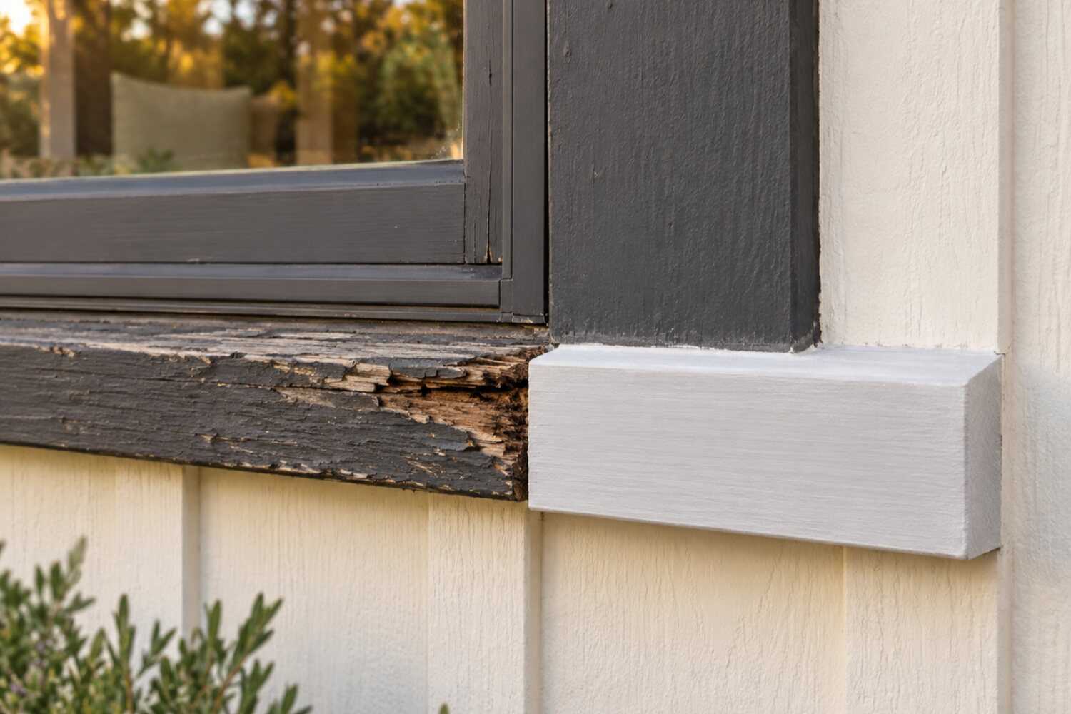Window sill repair in progress: weathered, rotted trim beside a newly replaced primed board under charcoal window trim.