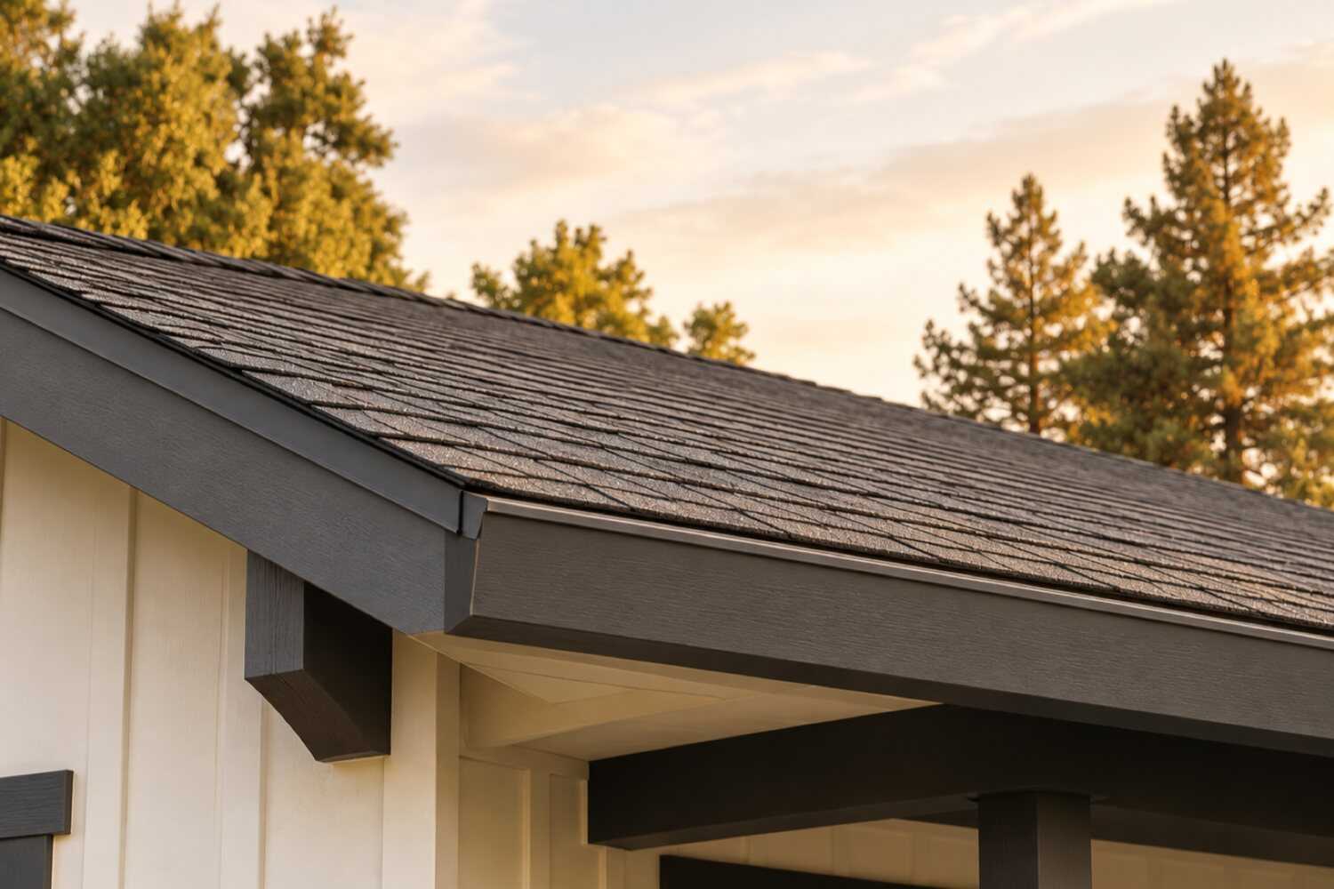 Charcoal composition shingle roof edge and eave with a straight drip edge and painted fascia against an evening sky.