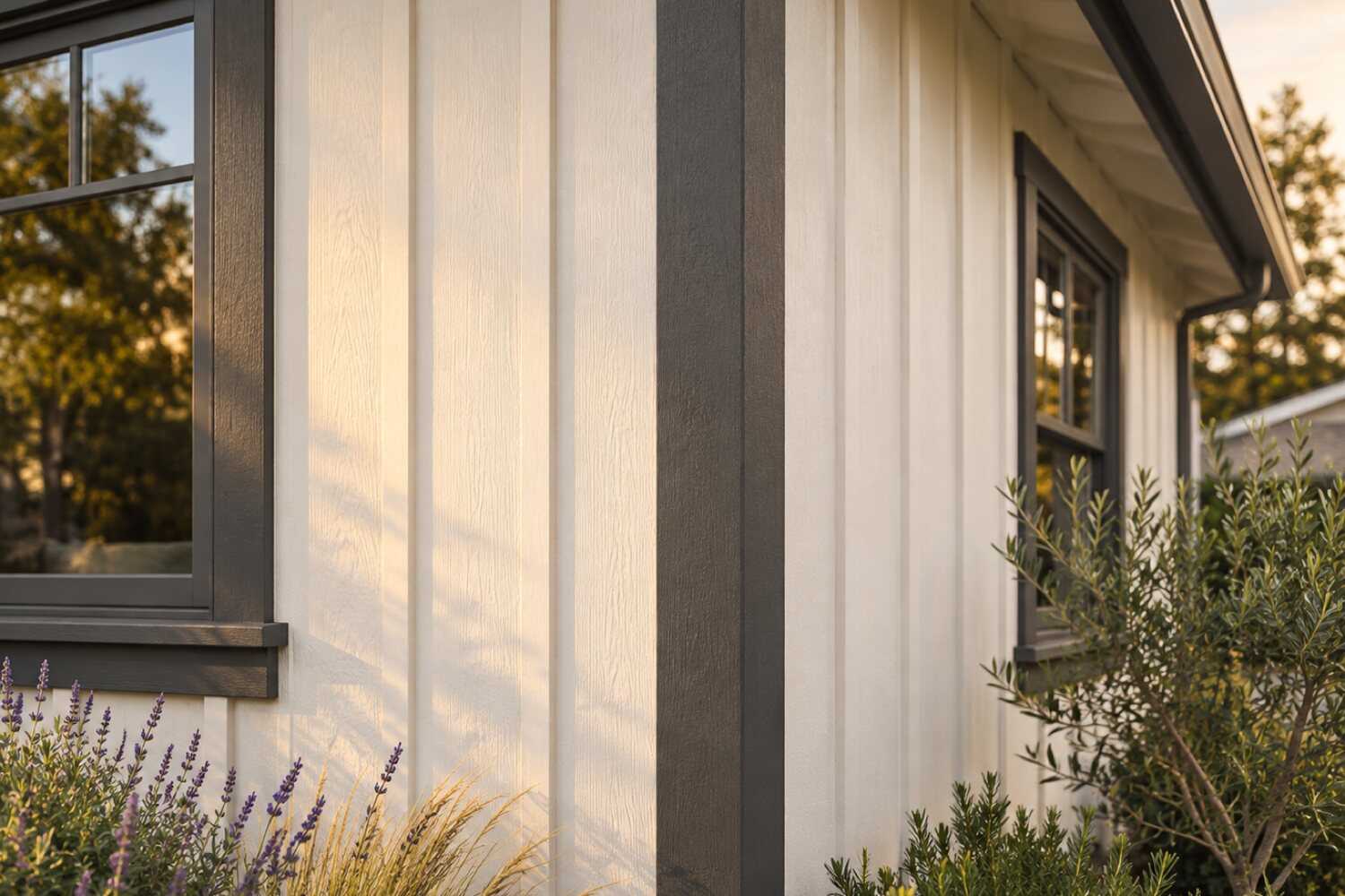 Outside corner of white board-and-batten siding meeting charcoal corner trim, evening light raking across the boards.