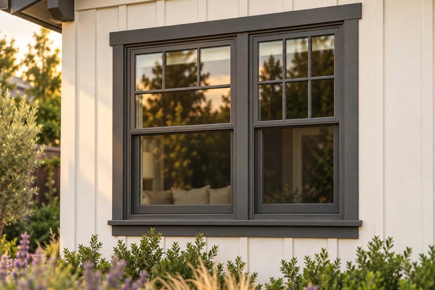Charcoal-trimmed double-hung window with a divided upper sash on a white board-and-batten wall, garden below.