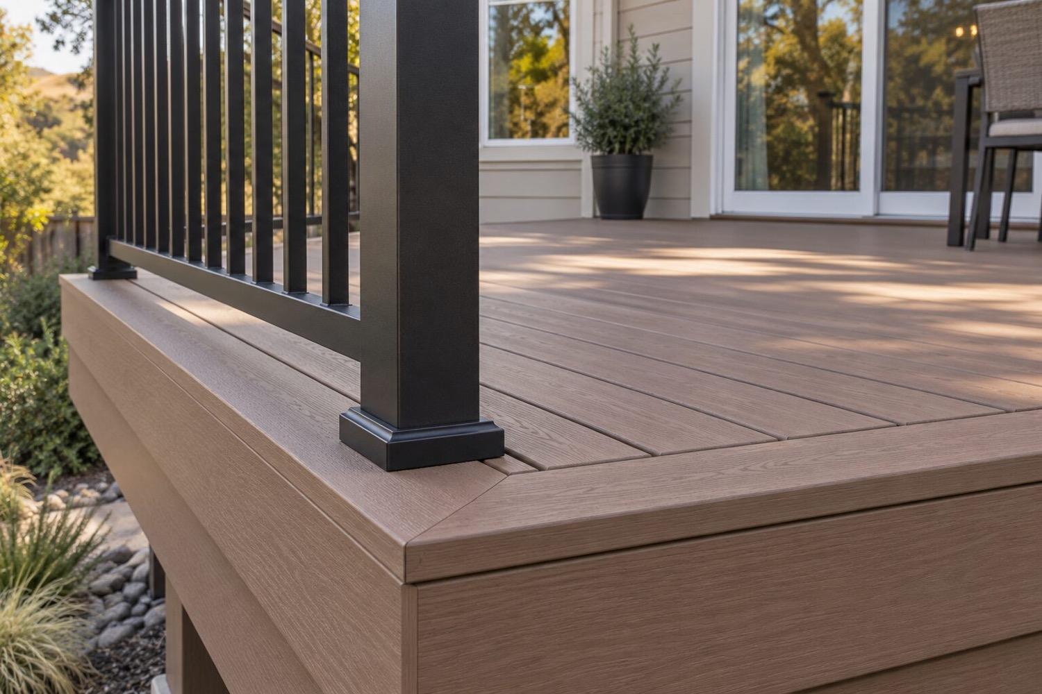 Corner of a composite deck: a picture-frame border board, matching fascia, and a black aluminum railing post set on the decking.