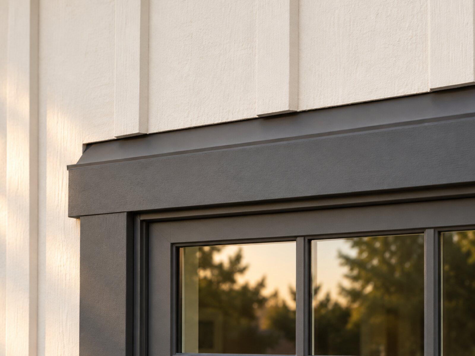 New charcoal window head trim with metal flashing tucked under the board-and-batten siding above it.