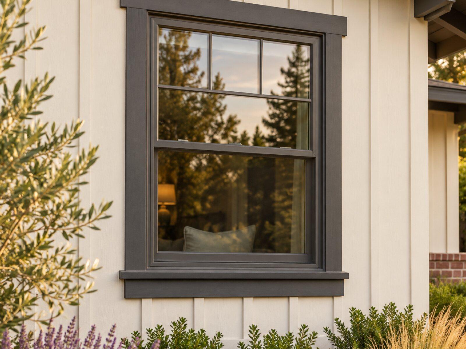 Newly installed window with charcoal frame and trim, clean caulked sill and apron on white siding.