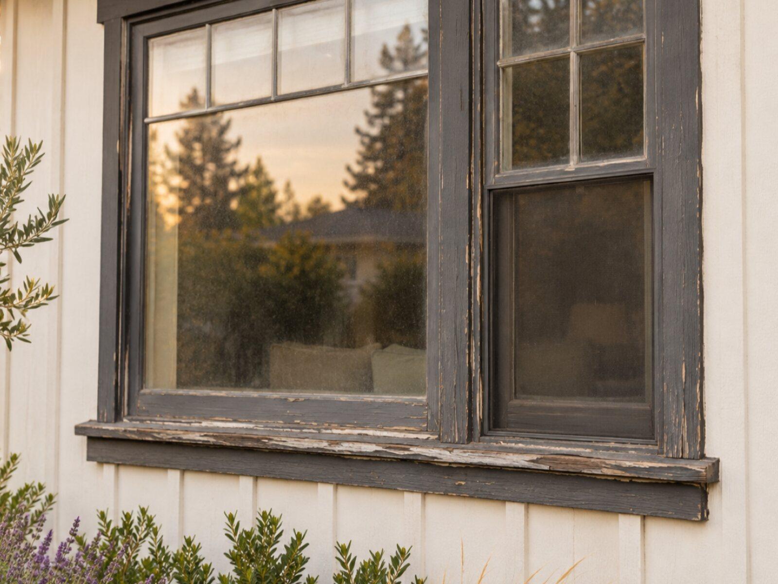 Window before work: weathered sill, cracking paint on the charcoal trim, and hazy old glazing.