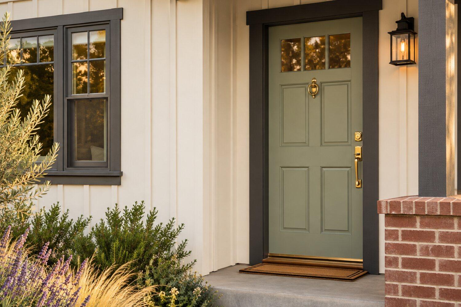 Freshly painted entry: sage-green front door with charcoal trim and brass hardware on white board-and-batten, brick porch base at right.
