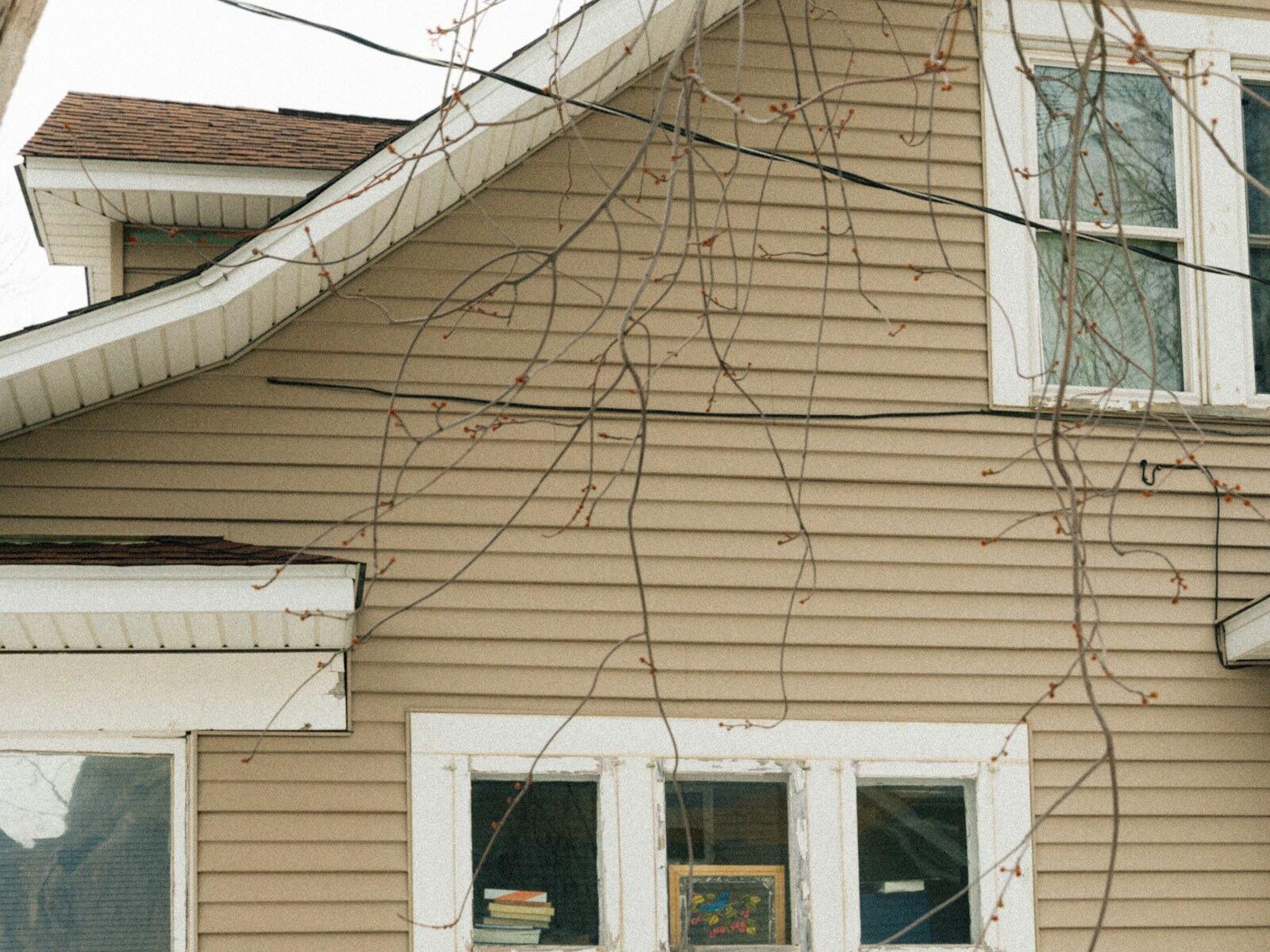 Window with weathered trim on tan lap siding.