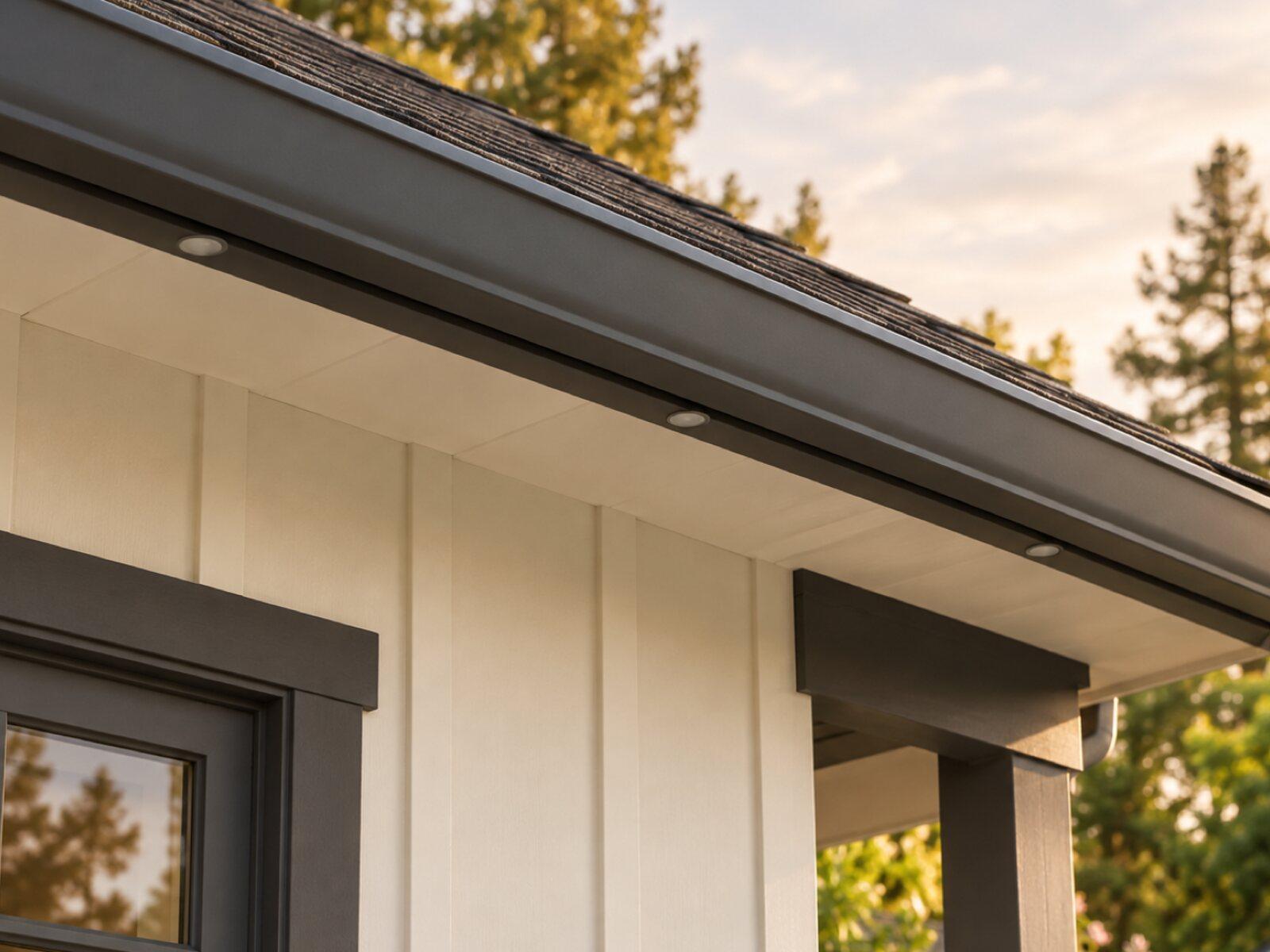 Daytime view up at an eave: a charcoal aluminum channel runs along the fascia under the gutter, its small round LED lenses barely visible with the lights off.