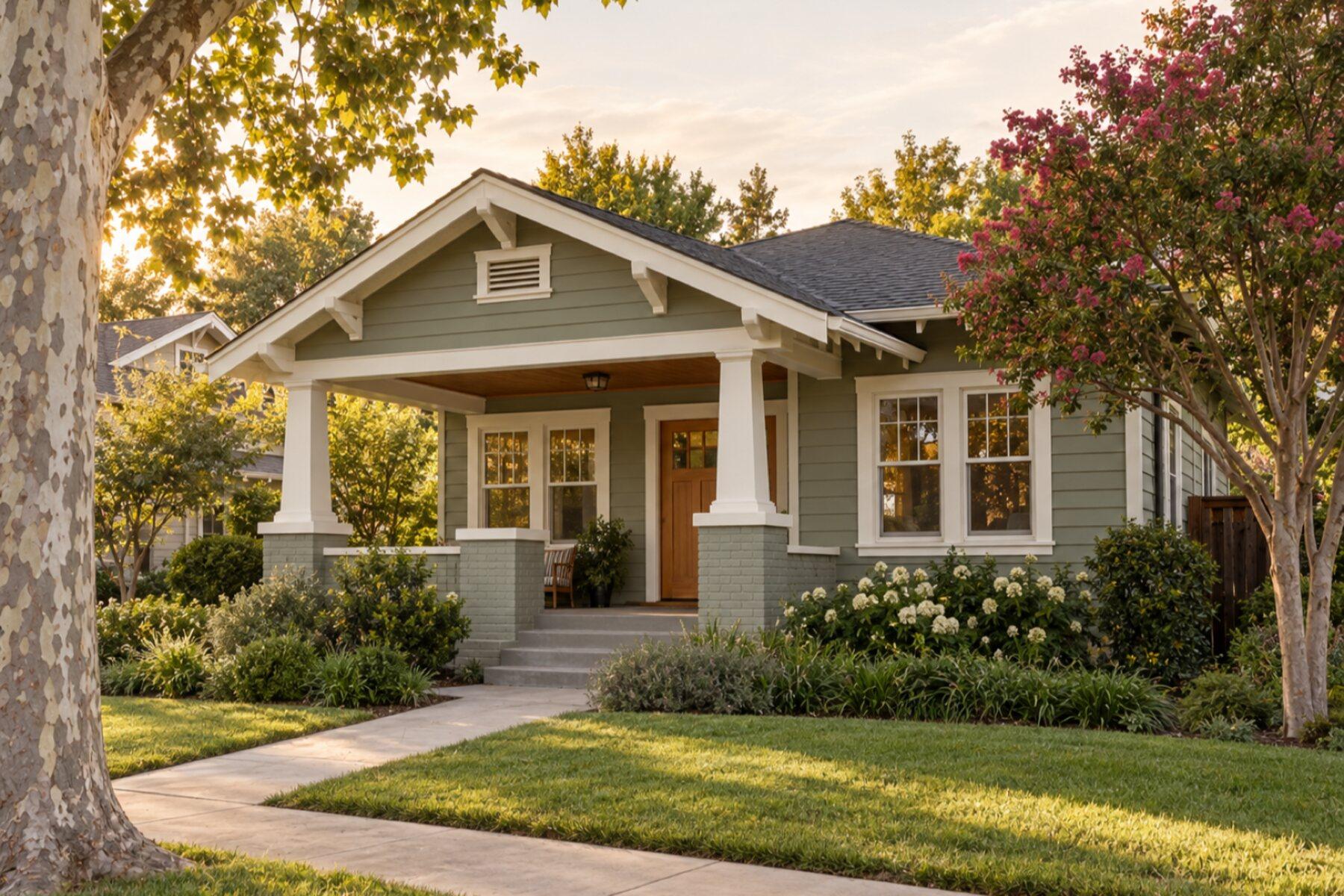 Craftsman bungalow with sage green lap siding, white window casings, tapered porch columns on brick piers, and a wood front door at dusk.
