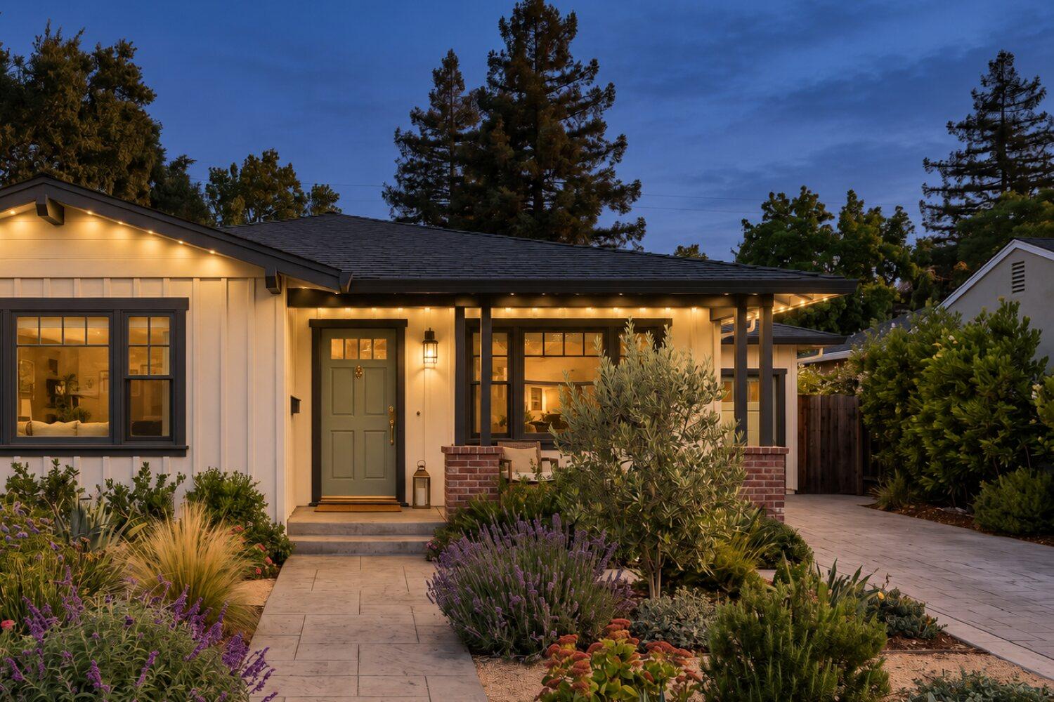 Single-story board-and-batten home just after sunset, a slim charcoal channel under the eave lighting the white siding with an even band of warm white LEDs.