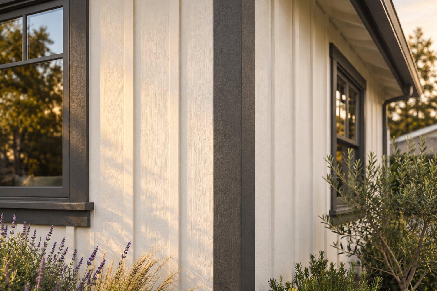 Outside corner of white board-and-batten siding meeting charcoal corner trim, evening light raking across the boards.