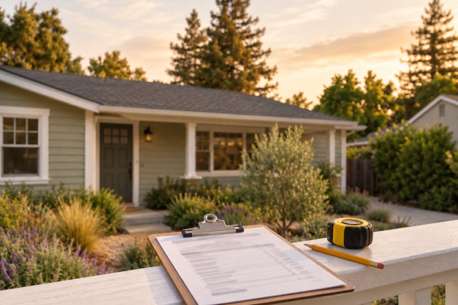 Clipboard with an estimate sheet, a tape measure, and a pencil on a porch railing, a single-story ranch home behind.