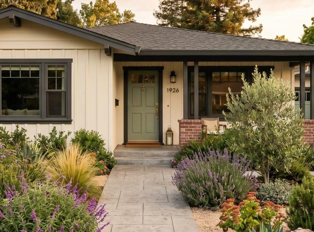 Single-story board-and-batten ranch home with dark trim, a sage front door, and drought-tolerant landscaping in evening light.